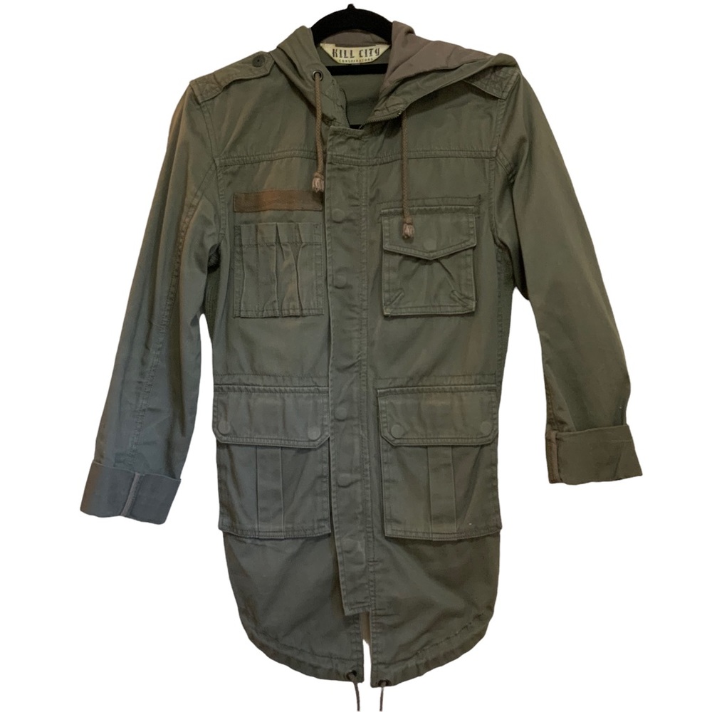 Kill City Khaki Green Snap Button Utility Jacket w/Hood & Pockets sz S